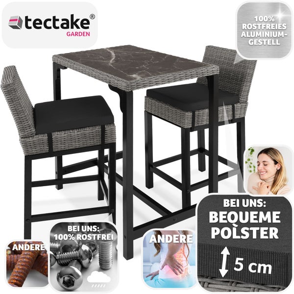 Rattan Tisch Kutina mit 2 Stühlen Latina tectake  Beine aus Holz mit Aluminiumgestellen grau