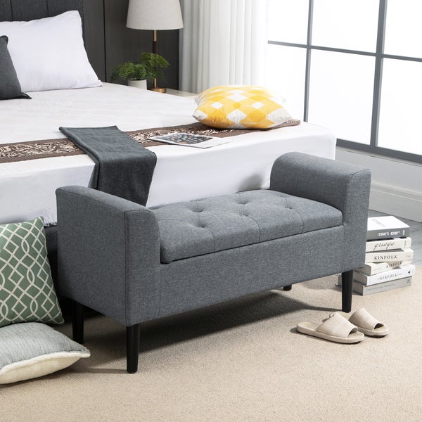 HOMCOM Sitzbank mit Stauraum, Polsterbank mit Leinenoptik, Holzbeine, Bettbank belastbar bis 130 kg, für Wohnzimmer Schlafzimmer Flur, 116 x 44 x 58 cm Hellgrau