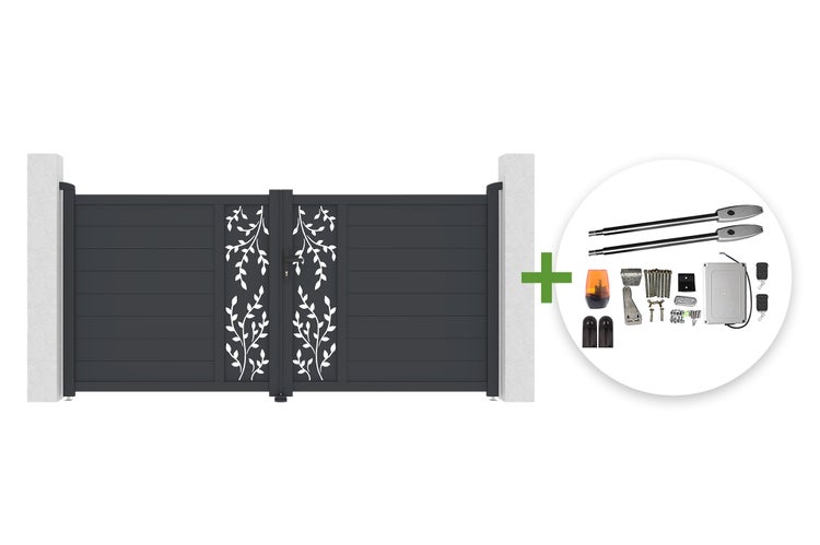 Anthrazitfarbenes zweiflügeliges Aluminiumtor mit Blättermuster inklusive elektrischem Torantrieb-Set und Montagematerial.