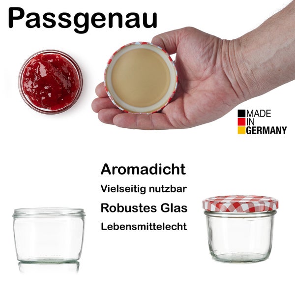 Einmachglas mit Deckel und Füllung sowie dem Qualitätsversprechen Made in Germany
