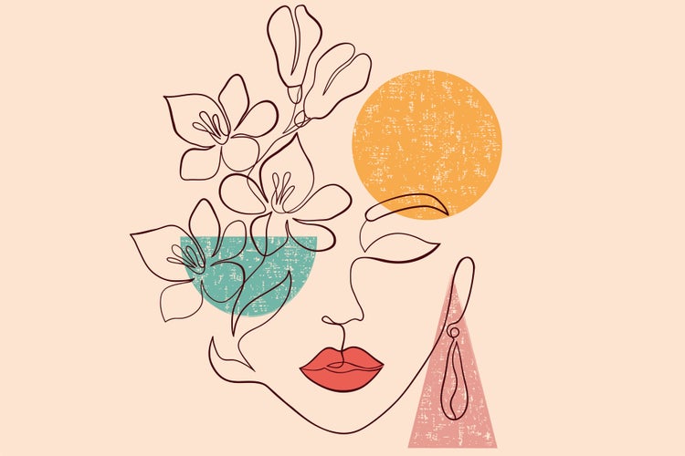 Wandbild mit einer minimalistischen Strichzeichnung eines Frauengesichts verziert mit Blumen sowie geometrischen Formen im modernen Stil