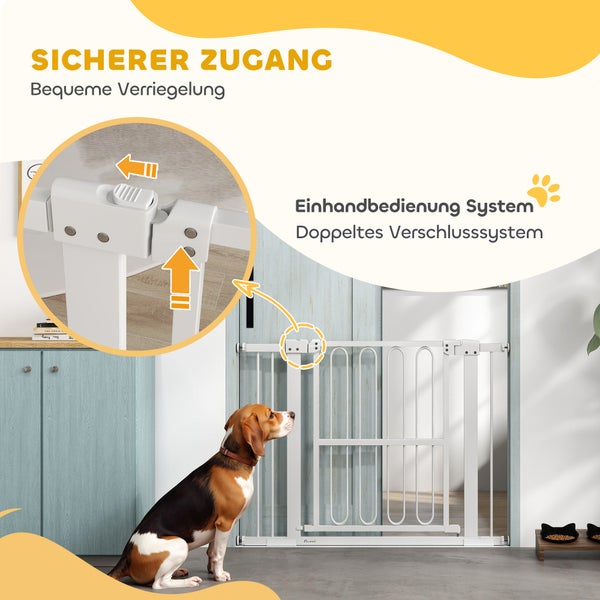 PawHut Türschutzgitter Hund, 76-104 cm Absperrgitter ohne Bohren, Treppengitter aus Stahl, Treppenschutzgitter, Schutzgitter, Sicherheitsgitter für Treppen, Tür, Flur, Weiß