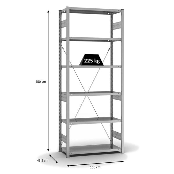 PROREGAL Fachbodenregal Stecksystem T-Profil Medium-Duty Grundregal HxBxT 250 x 100 x 40 cm 6 Ebenen Fachlast 225 kg Einseitig Nutzbar Verzinkt