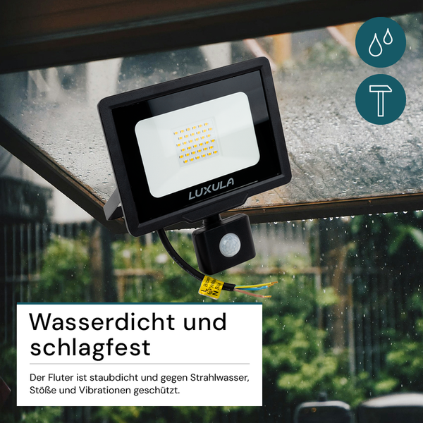 LUXULA LED Außenstrahler mit Bewegungsmelder 30W Strahler 4000K Neutralweiß 3000lm Fluter Schwarz IP65