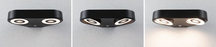 Moderne LED-Außenwandleuchte mit Bewegungsmelder und zwei verstellbaren runden Lichtköpfen in schwarzem Gehäuse.