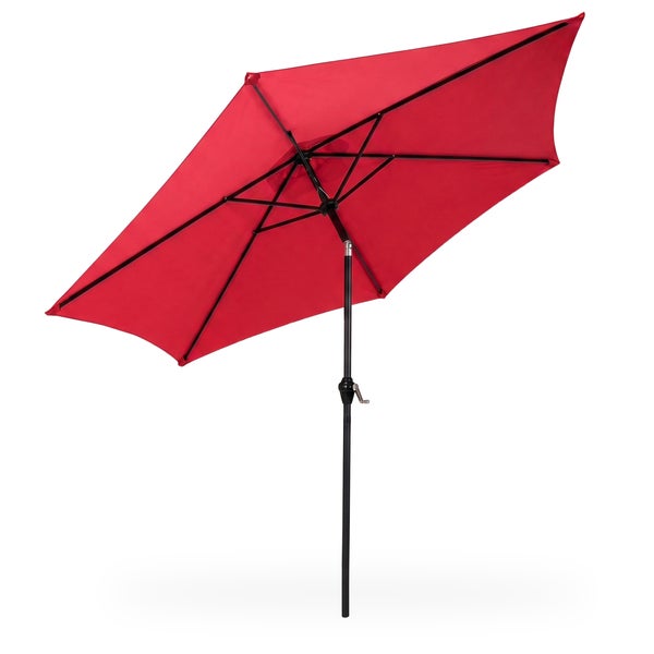 Roter Marktschirm mit Kurbel und Knickfunktion für den Garten, sechseckig, stabiles schwarzes Gestell.