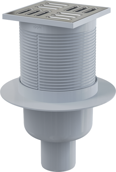 Bodenablauf mit quadratischem Edelstahlrost, Kunststoffgehäuse mit gerippter Oberfläche und senkrechtem Abgang.