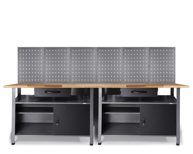 Zwei Werkbänke mit Lochwand, Schublade, Ablage und abschließbarer Tür