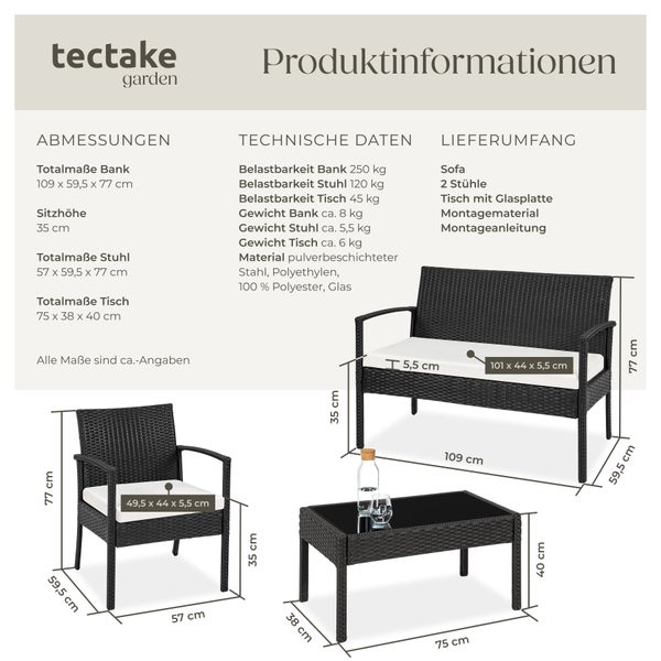 Rattan Sitzgruppe tectake Sparta schlanke Gestelle für 4 Personen schwarz
