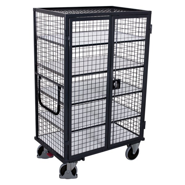 VARIOfit ESD Etagenwagen, vergittert mit Flügeltür, Schiebebügel und 5 Ladeflächen 1045x685mm