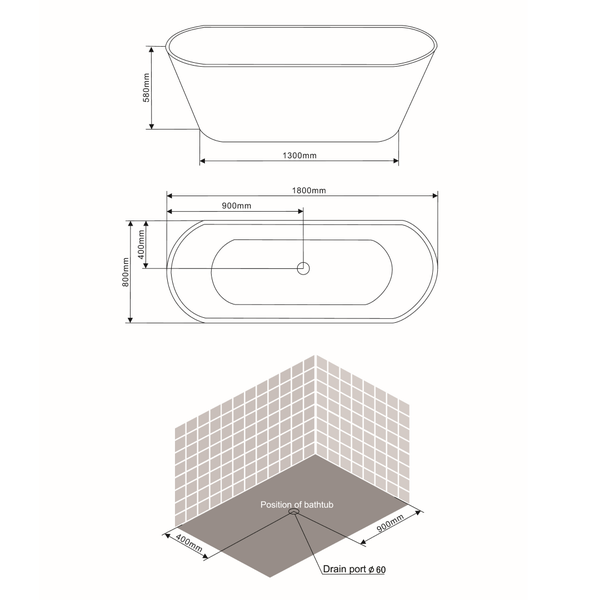 Glänzend weiße 180 cm feistehende Badewanne | Allegra
