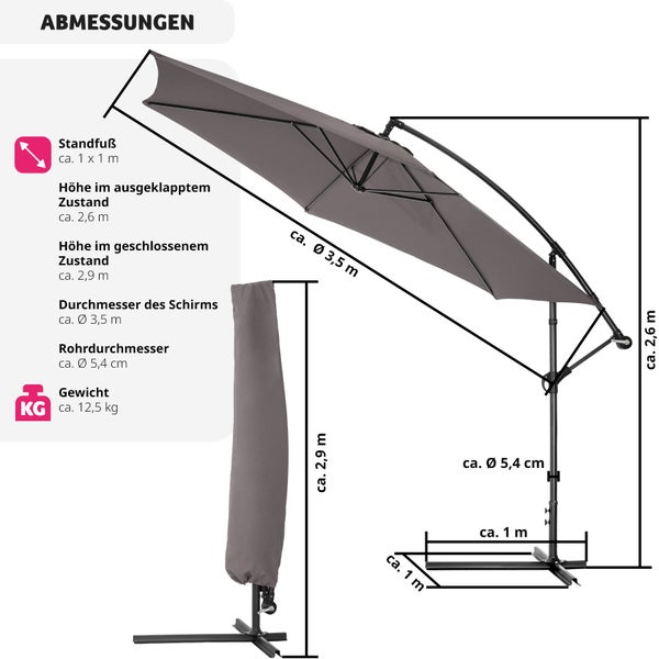 Sonnenschirm tectake Ciccio inklusive Schutzhülle Ø 350 cm grau