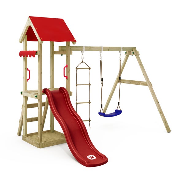 WICKEY Spielturm Klettergerüst TinyCabin mit Schaukel und Rutsche, Kletterturm mit Sandkasten, Leiter und Spiel-Zubehör - rot