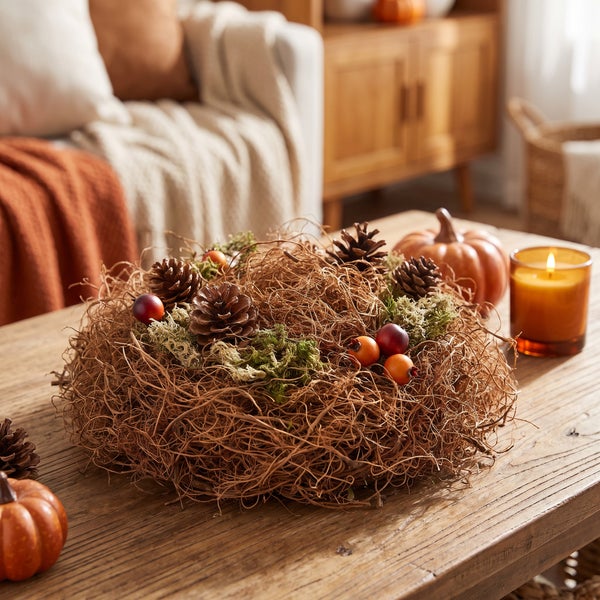 Herbstliche Tischdekoration mit Naturmaterialien wie Zweigen, Moos, Tannenzapfen und kleinen Beeren auf einem Holztisch, ergänzt durch Kerze.
