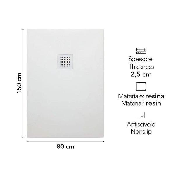 Rechteckige weiße Duschwanne aus Resina, 150 mal 80 Zentimeter, Stärke 2,5 Zentimeter, rutschfeste Oberfläche.