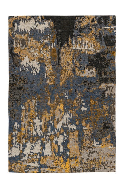 Teppich mit abstraktem Muster in Blau, Gold und Grau, rechteckig, Kurzflor.