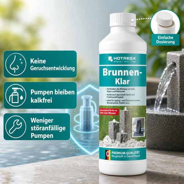 Hotrega Brunnen-Klar Wasserpflegemittel zur Vorbeugung von Kalk und Algen in Zimmerbrunnen und Wasserspielen.