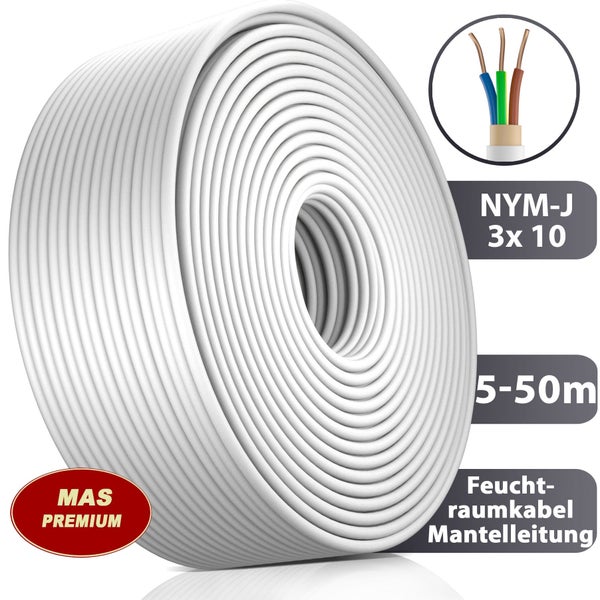 MAS PREMIUM Logo, Mantelleitung NYM-J 3 mal 10 Quadratmillimeter für Feuchträume, 5 bis 50 Meter Kabelrolle.