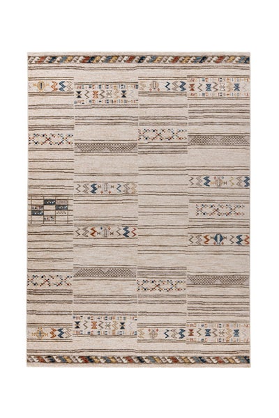 Beiger Teppich mit horizontalen Streifen und geometrischen Ethno-Mustern wie Pfeilen und Rauten.