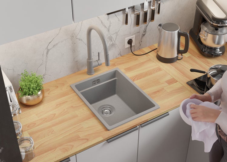 PRIMAGRAN Spülbecken Grau 36x47cm, Granitspüle 1 Becken + Ablauf-Set + Aufrollbare Abtropffläche, Küchenspüle ab 40er Unterschrank - Praga Slim
