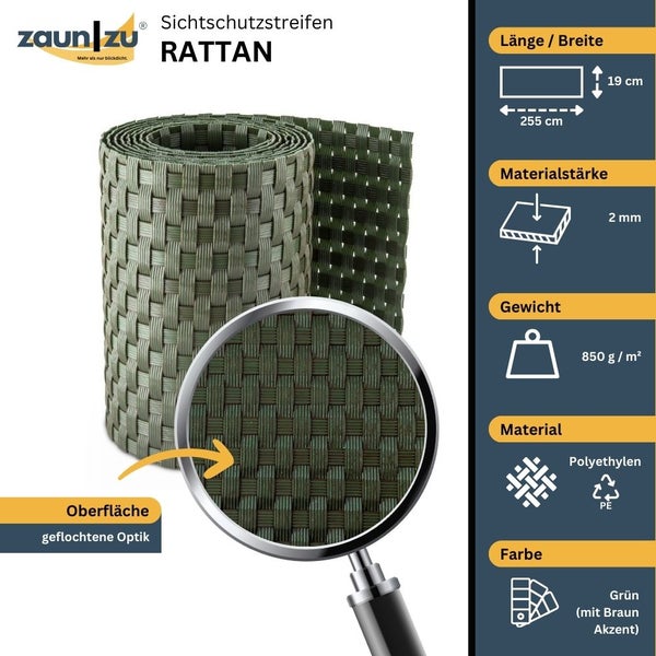 Sichtschutzstreifen Rattan aus Polyethylen, 255 cm lang und 19 cm breit