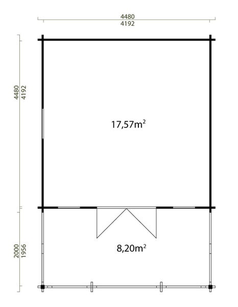 Grundriss eines Gartenhauses mit Terrasse. Innenraum 17,57 Quadratmeter, Terrasse 8,20 Quadratmeter. Außenmaße 4480 mal 4480 Millimeter.