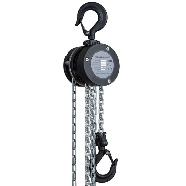 Manueller Kettenzug Delta Alum mit einer Tragkraft von 500 Kilogramm, schwarzem Gehäuse, Ketten aus Stahl und zwei Lasthaken.