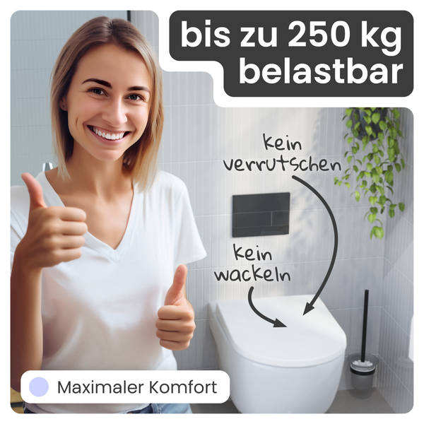 Szene mit Toilette, Frau und Hinweisen zu Belastbarkeit und Komfort