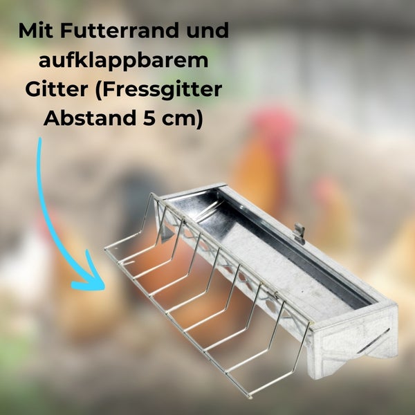 Hühnertränke mit Futterrand und aufklappbarem Gitter