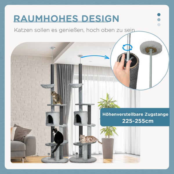 PawHut Kratzbaum Deckenhoch, Katzenbaum, 225-255 cm Katzenkratzbaum mit Katzenhöhle, Kratzstämmen, Korb, Spielball, Katzenmöbel mit Kippschutz, Grau