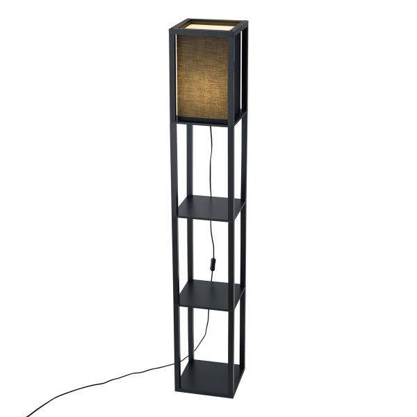 Stehleuchte mit Regalfächern und Stoffschirm