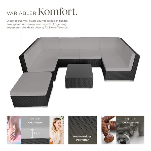 Rattan Lounge tectake Venedig mit Sicherheitsglasplatte für 6 bis 7 Personen schwarz/grau