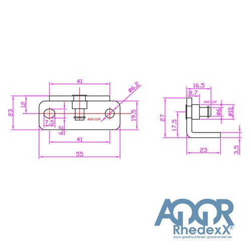 Technische Zeichnung eines Montagewinkels für Gasdruckfedern mit Bemaßungen in Millimetern. AQQR Rhedexx Logo.