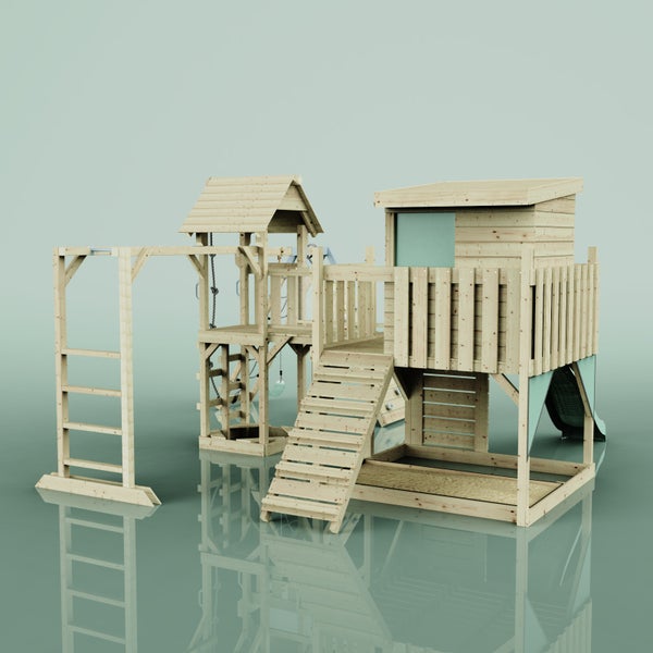 Holzspielplatz mit Klettergerüst, Schaukel und Rutsche