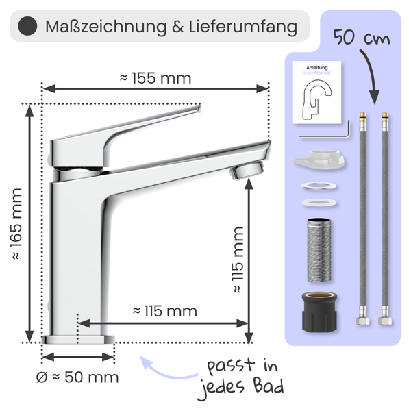 Maßzeichnung und Lieferumfang einer Armatur mit den Maßen Höhe circa 165 mm, Ausladung circa 155 mm und Durchmesser circa 50 mm, inklusive Montagezubehör und Bedienungsanleitung