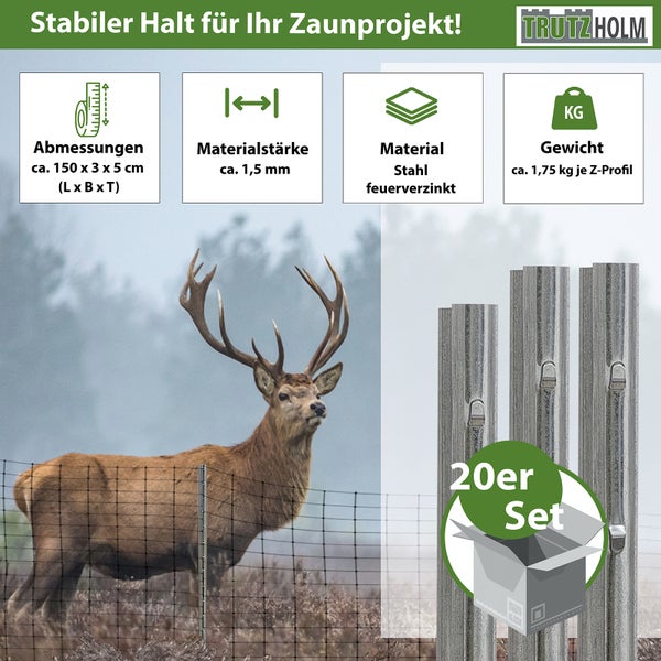 Trutzholm 20er Set Z-Profil Zaunpfosten aus feuerverzinktem Stahl, 150 Zentimeter lang, für Wildzaun und Knotengeflecht.