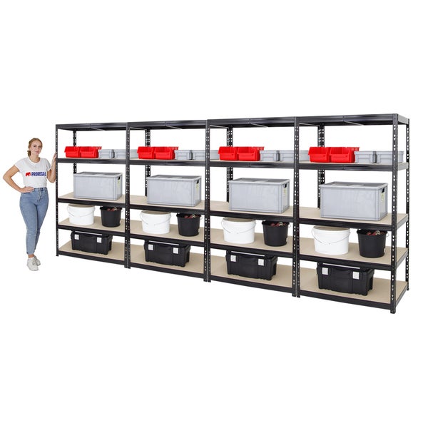PROREGAL Mega Deal 4x Schwerlastregal Tiger HxBxT 180 x 100 x 60 cm Fachlast 265 kg 5-Ebenen Schwarz