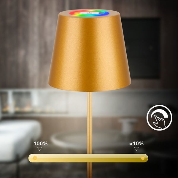 Briloner Calida 3 in 1 RGBW LED Tischlampe kabellos IP44, Dimmbar, Touch, Höhenverstellbar, Spritzwasserschutz, Goldfarbig, 36 x Ø10,5 cm