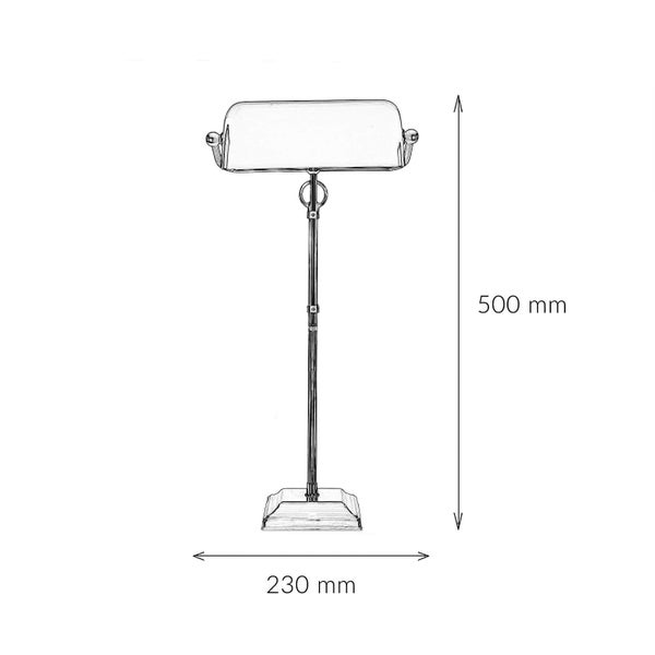 Skizze einer Schreibtischleuchte mit den Maßen 500 mm Höhe und 230 mm Breite