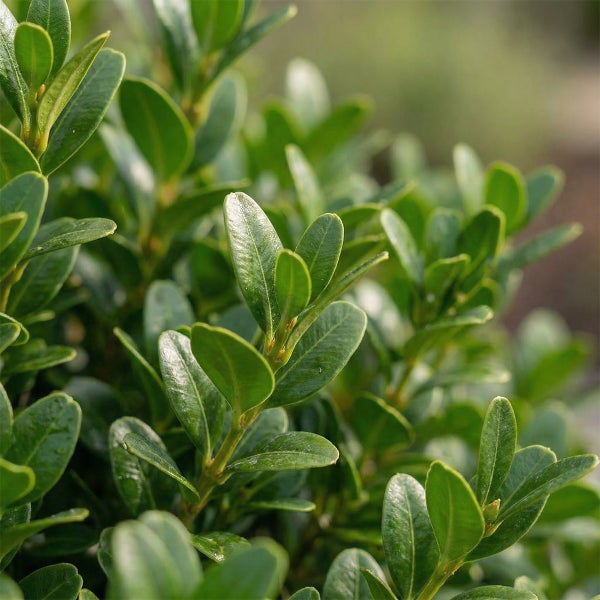 Nahaufnahme eines Buchsbaums mit dichten, kleinen grünen Blättern.