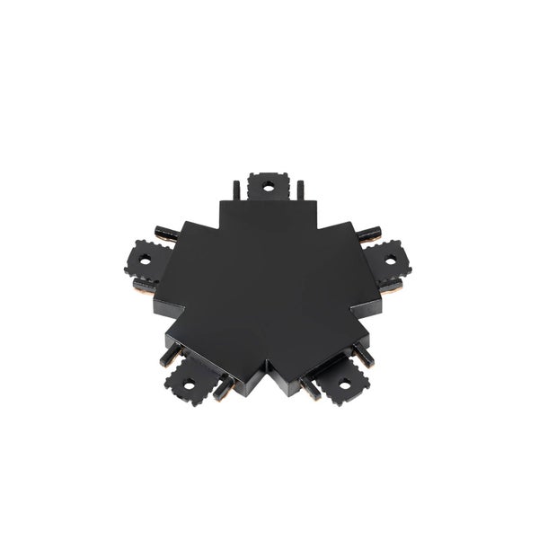 5-Wege Sternverbinder für ein Schienensystem in Schwarz.