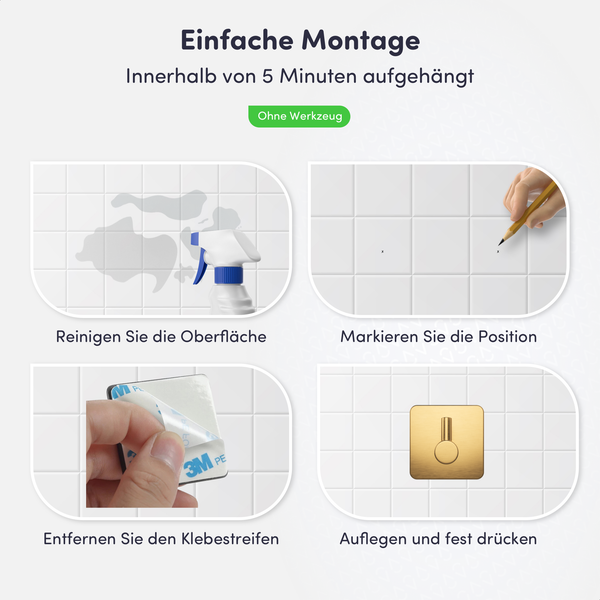 Vierstufige Montageanleitung für selbstklebende Wandhaken: Reinigen der Fliesen, Markieren der Position, Abziehen des Klebestreifens und Festdrücken.