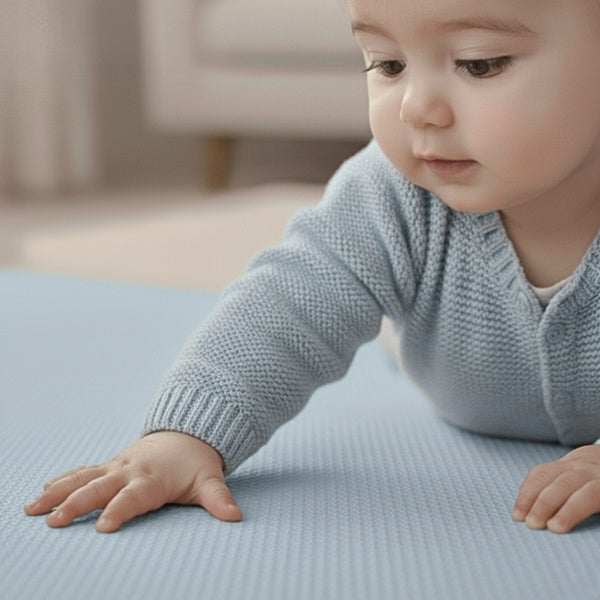 Baby auf einer strukturierten Spielmatte aus Kunststoff in einem hellen Wohnraum.