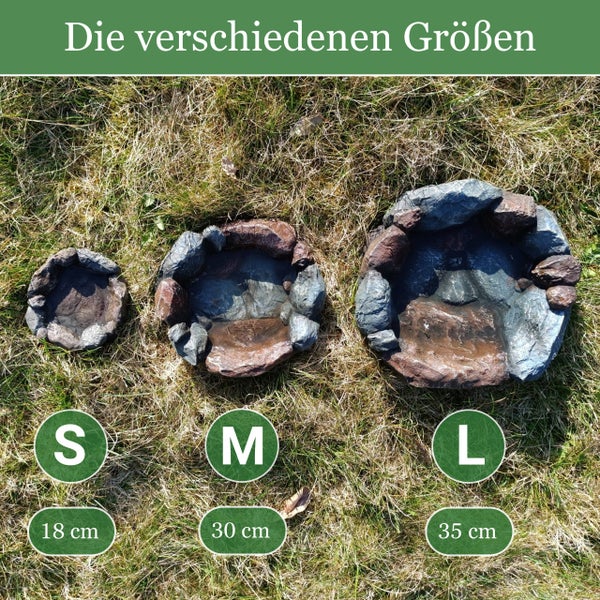 Vogeltränken in Steinoptik in drei verschiedenen Größen: S mit 18 Zentimetern, M mit 30 Zentimetern und L mit 35 Zentimetern.