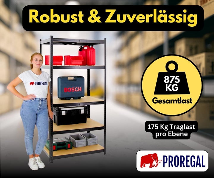 PROREGAL Logo. Schwerlastregal mit fünf Ebenen, Gesamttraglast 875 Kilogramm, 175 Kilogramm pro Ebene, Metallrahmen und Holzböden.