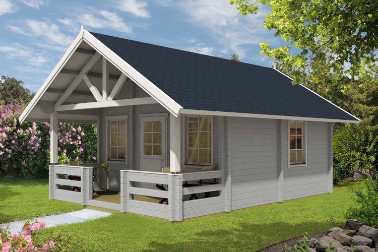 Gartenhaus mit überdachter Veranda und dunklem Dach