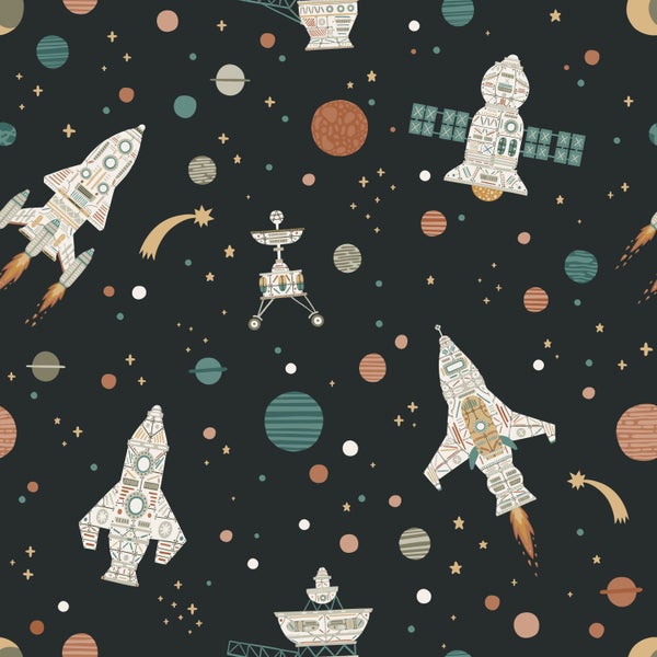 Muster mit Weltraummotiven wie Raketen, Raumschiffen, Satelliten, Planeten, Sternen und Kometen.