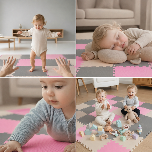 Spielmatte aus Schaumstoff als Bodenbelag für Kinderzimmer mit Stecksystem in Wohnumgebung mit spielenden Kleinkindern