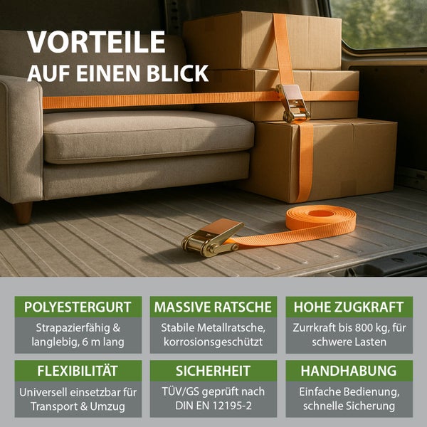 Ladungssicherungsgurt mit Ratschenspanner sichert Kartons und ein Sofa im Laderaum.