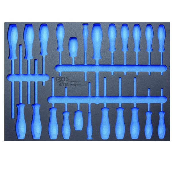 Werkzeugeinlage aus Schaumstoff für Schraubendreher mit passgenauen Aussparungen in verschiedenen Größen, BGS technic Logo.